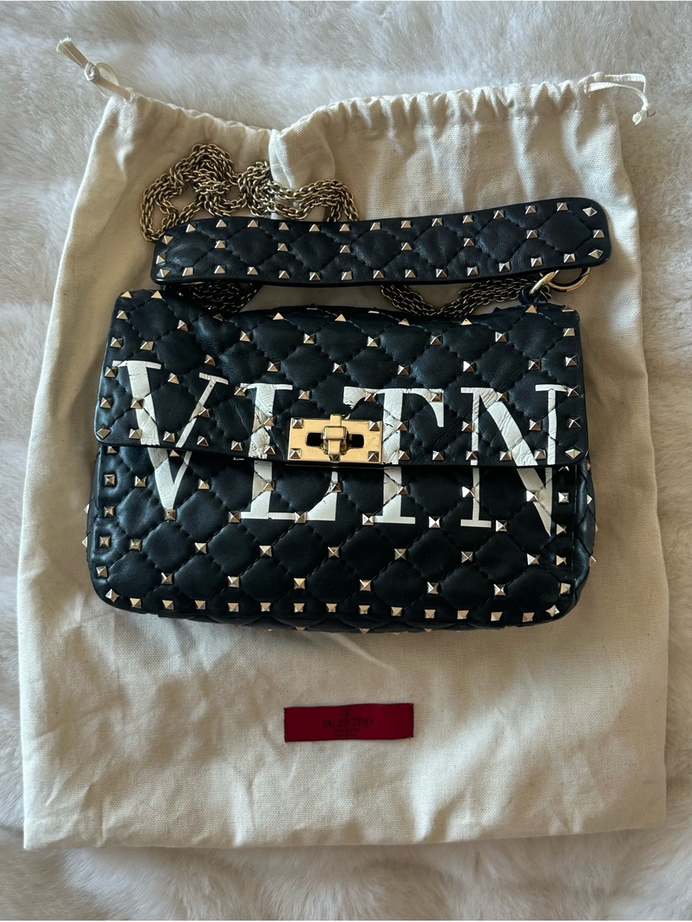 Valentino Garavani Rockstud Spike VLTN Black Quilted Leather Chain Shoulder Bag